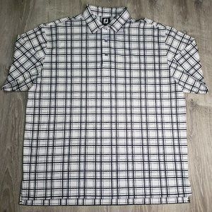 Footjoy FJ Mens Shirt Golf Polo Short Sleeve Black White Plaid Logo Size XXL